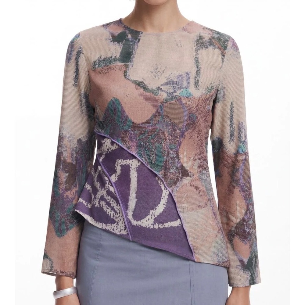 Desigual Abstract Print Asymmetrical Blouse Mauve Purple Long Sleeve 24WWBWX9 L